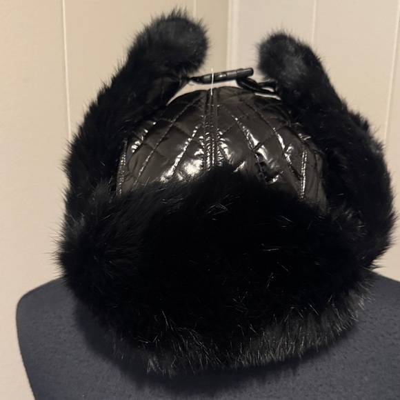 Black rabbit fur trim quilted shiny black satin lined bomber hat. New, no tags.